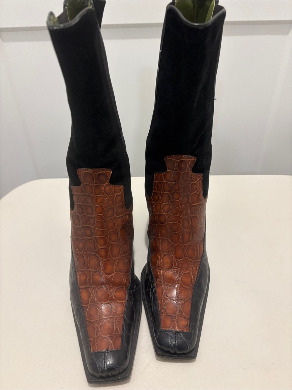 Donald J. Pliner Black and Brown Croc-Panel Ankle Boots